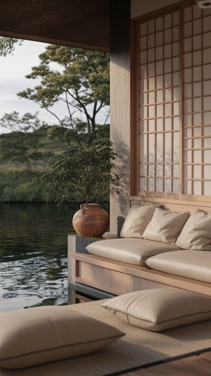 A serene sunken living room with soft cushions and natural elements, overlooking a tranquil body of water.