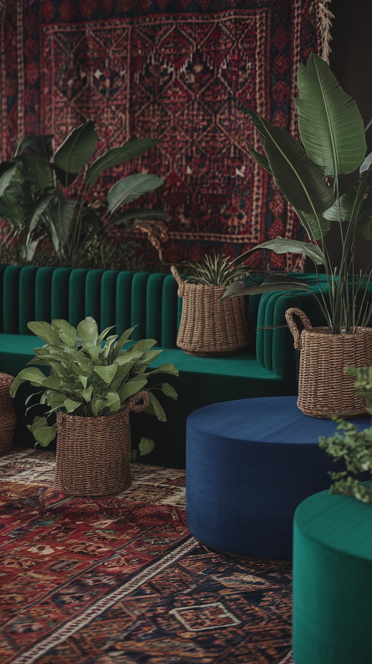 A dark boho living room featuring jewel-toned furniture and plants.