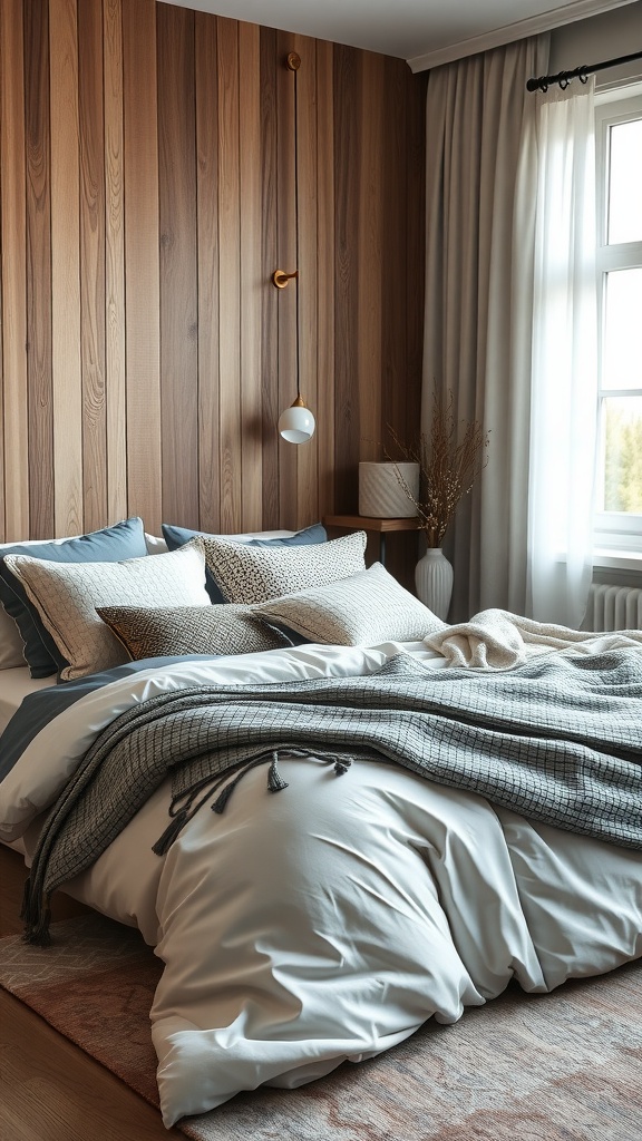 A modern western bedroom featuring layered bedding with various textures and colors.