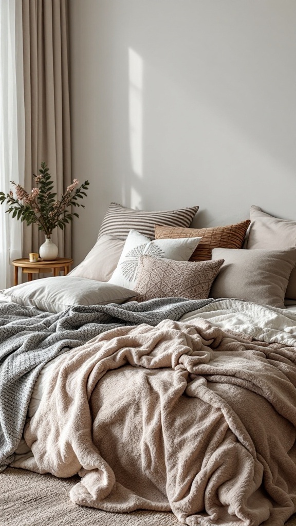 A cozy modern western bedroom with layered textiles, including soft blankets and decorative pillows.