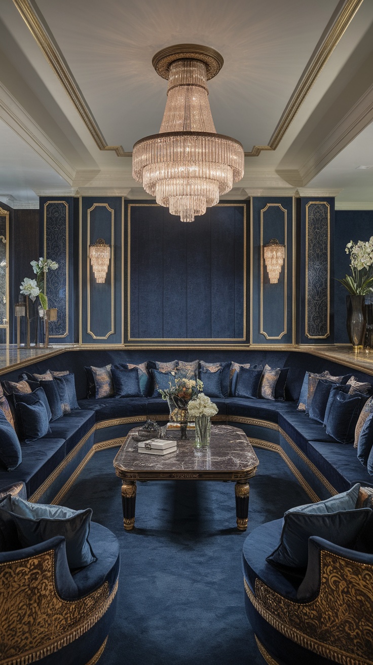 A luxurious sunken lounge with plush blue seating, a chandelier, and decorative elements.