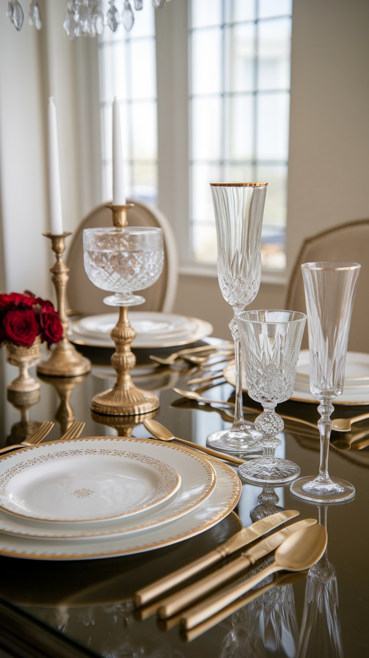 Elegant dining table with luxury tableware and glassware