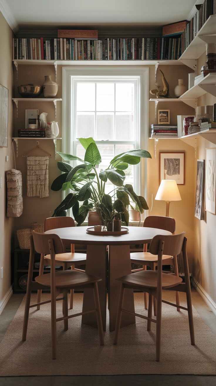 A modern round dining table surrounded by chairs in a cozy, well-decorated small dining area.