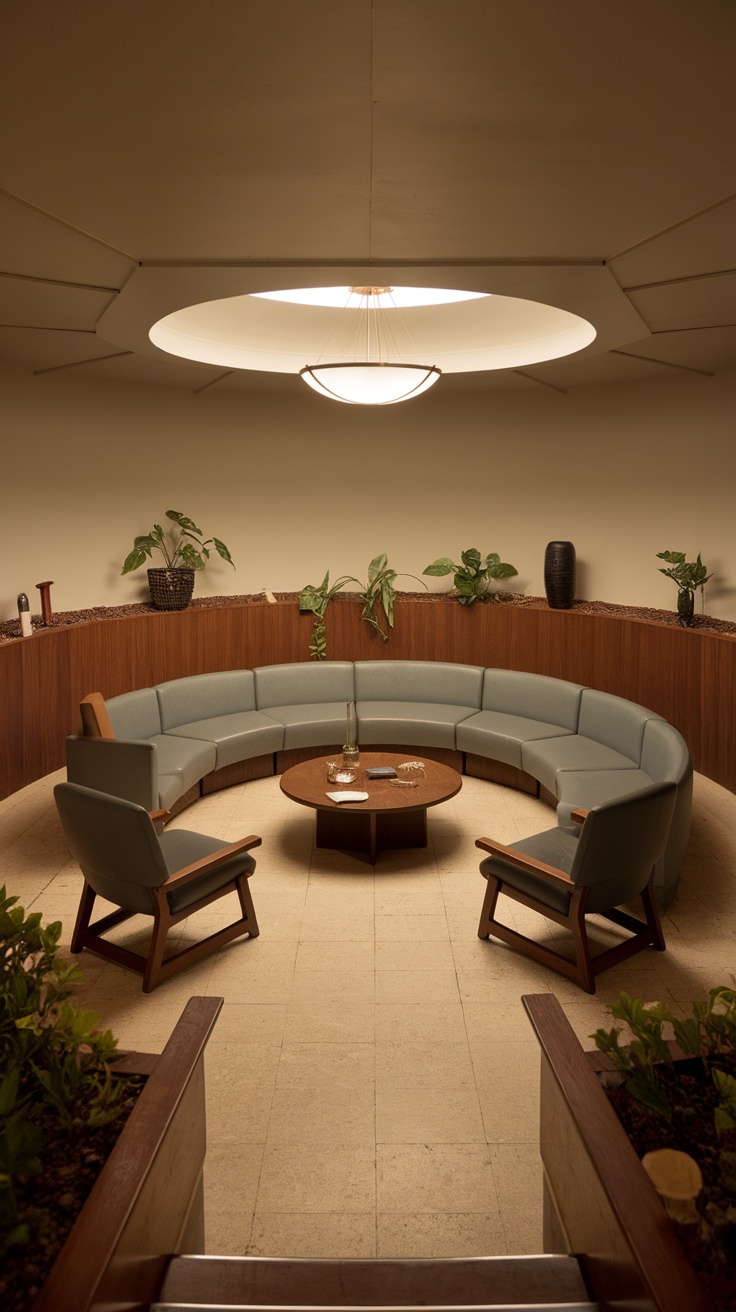 A mid-century styled sunken living room with circular seating and plants.