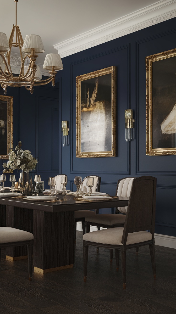 Dark dining room with midnight blue walls and gold accents.