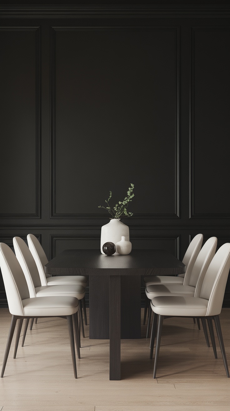 A minimalist dark dining room with black walls, a dark wooden table, and light-colored chairs.