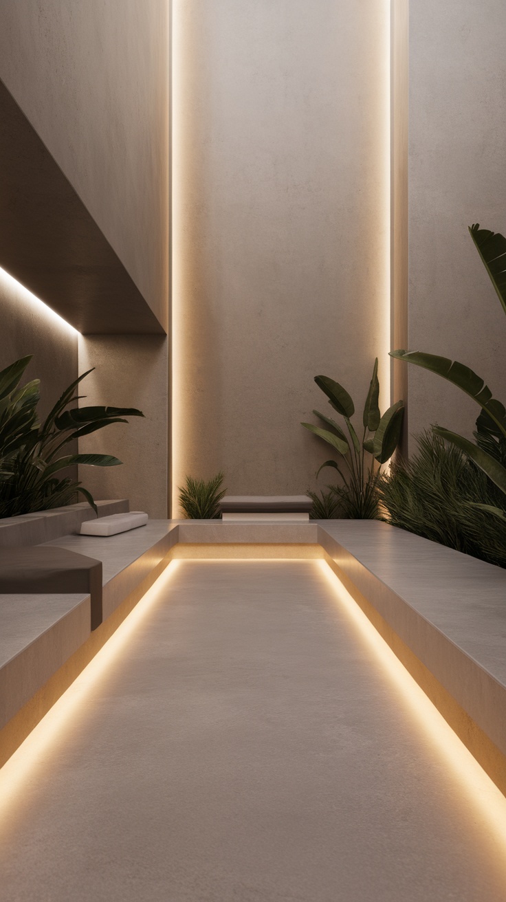 A minimalist sunken living room with soft lighting and plants.