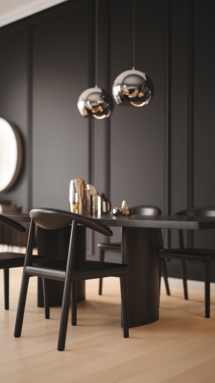 A modern black dining room featuring a round table, black chairs, and stylish pendant lights.