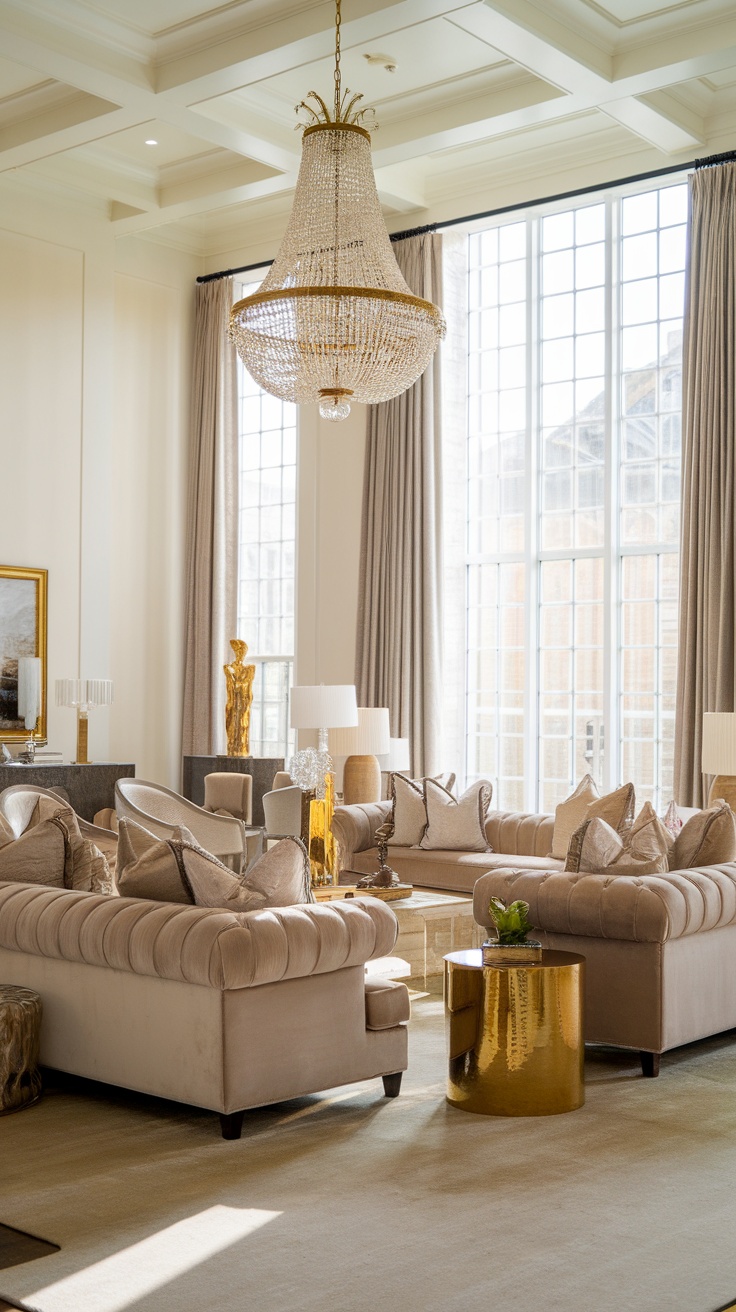 A stylish luxury living room featuring plush sofas, elegant decor, and large windows.