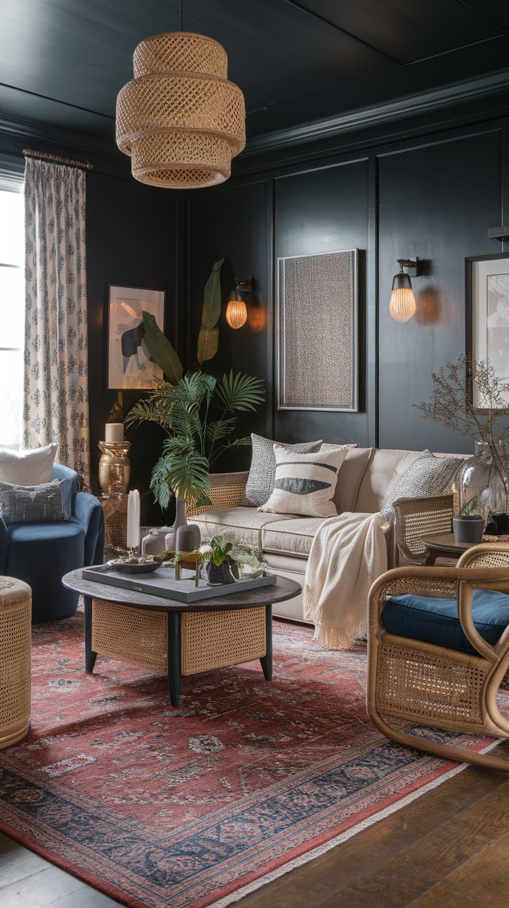 A dark boho living room featuring deep-colored walls, cozy furniture, and plants.