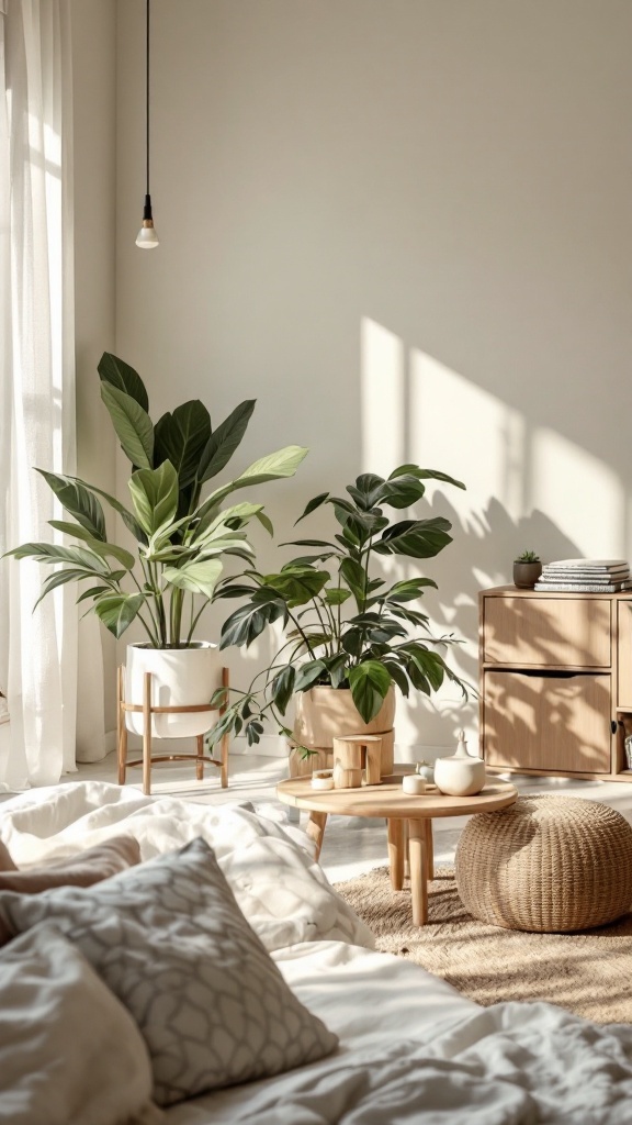 A modern western bedroom featuring natural elements like plants and wooden furniture.