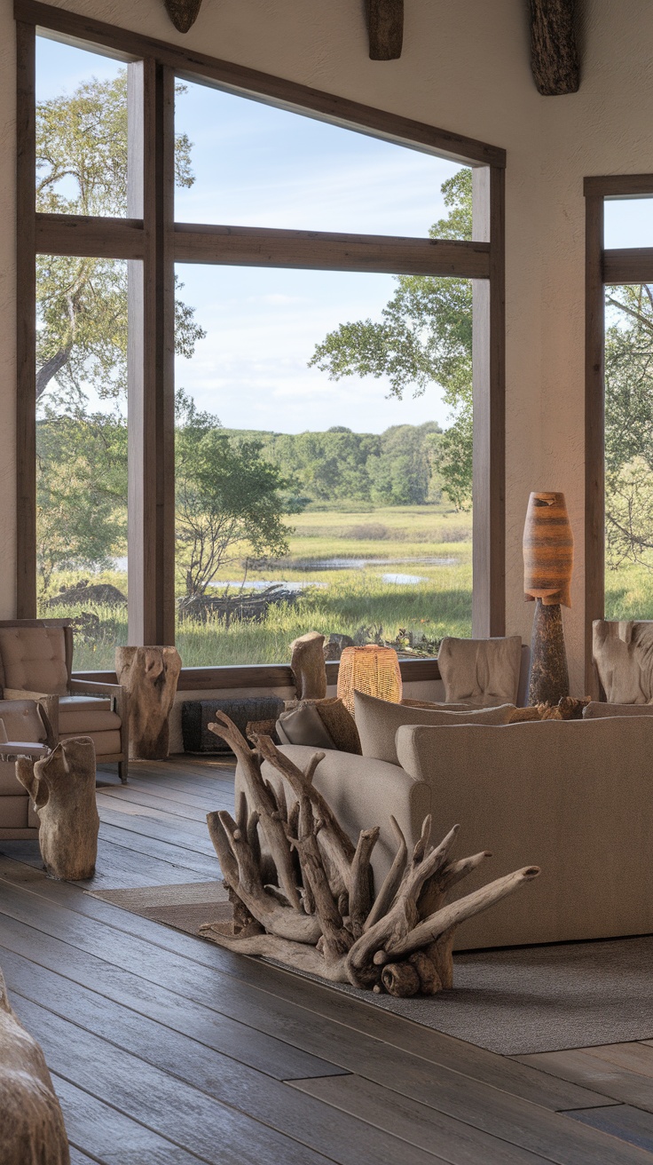 A serene living room with large windows overlooking greenery, featuring natural materials and a cozy atmosphere.