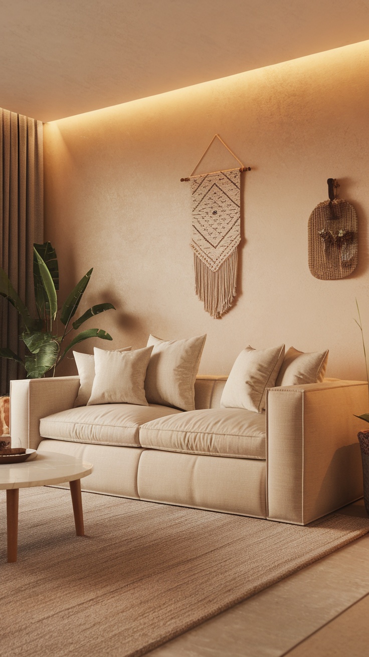 A cozy minimalist living room with a beige sofa, soft pillows, and plants, featuring warm lighting and natural decor.