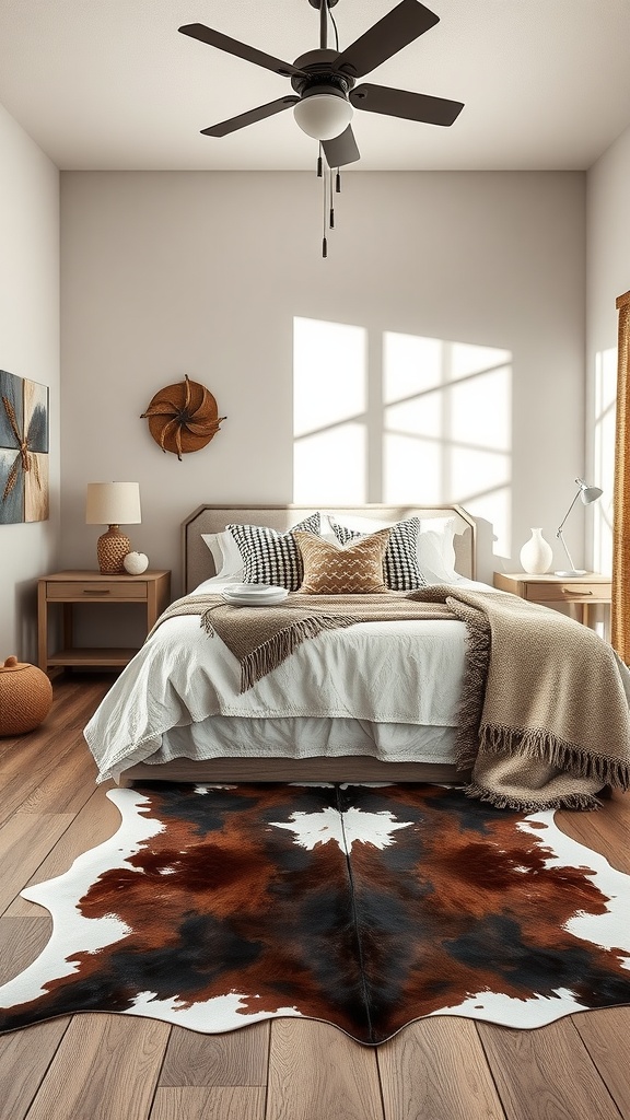 A modern western bedroom featuring a neutral color palette with a cowhide rug and textured throw pillows.