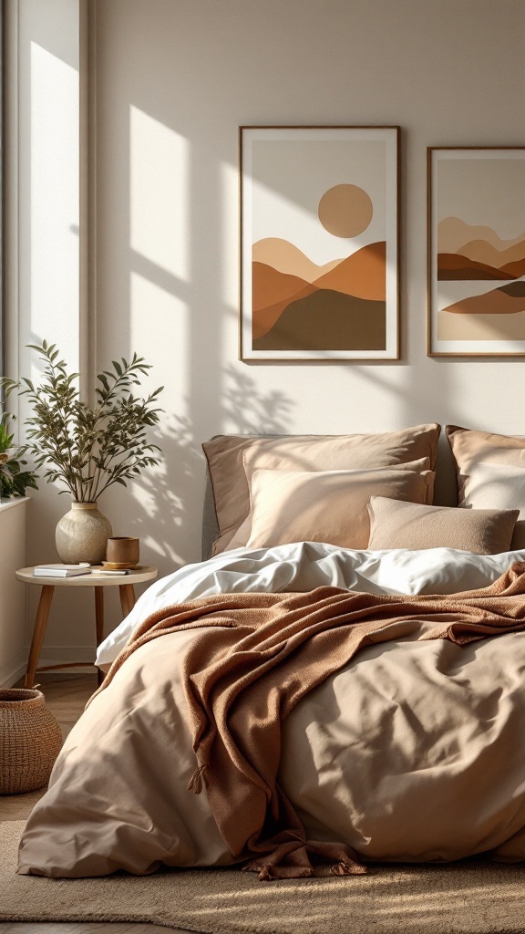 A modern western bedroom featuring a neutral color palette with earthy tones, showcasing calm colors and cozy decor.