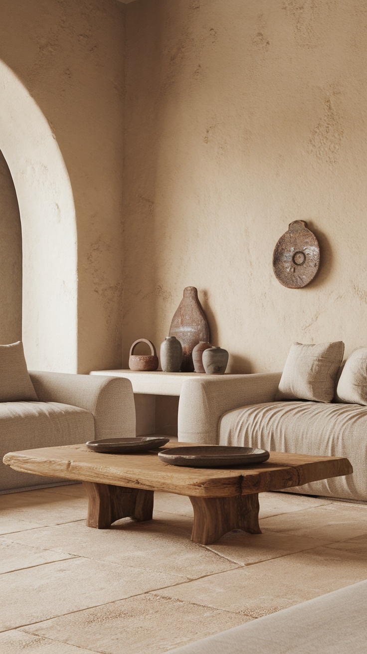 A serene living room with neutral tones and natural materials, featuring a wooden coffee table and decorative pots.