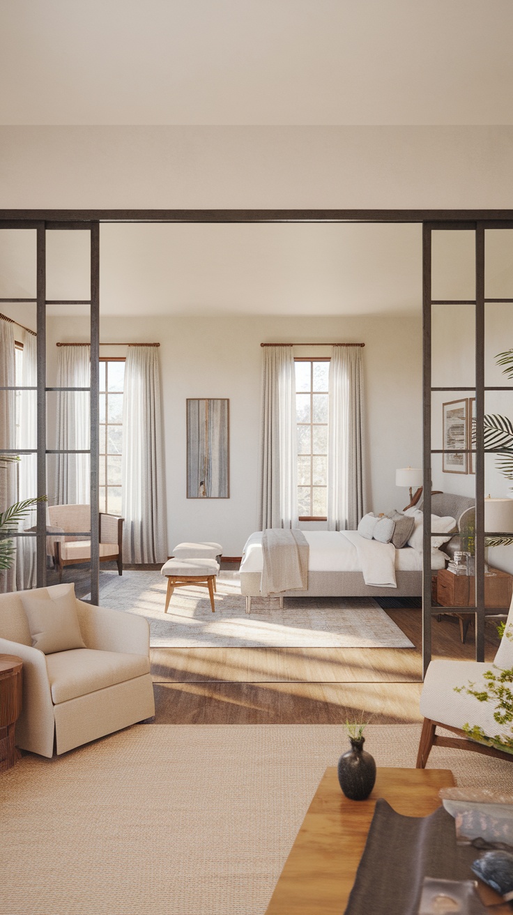 A minimal western bedroom with large windows, soft colors, and simple furniture.