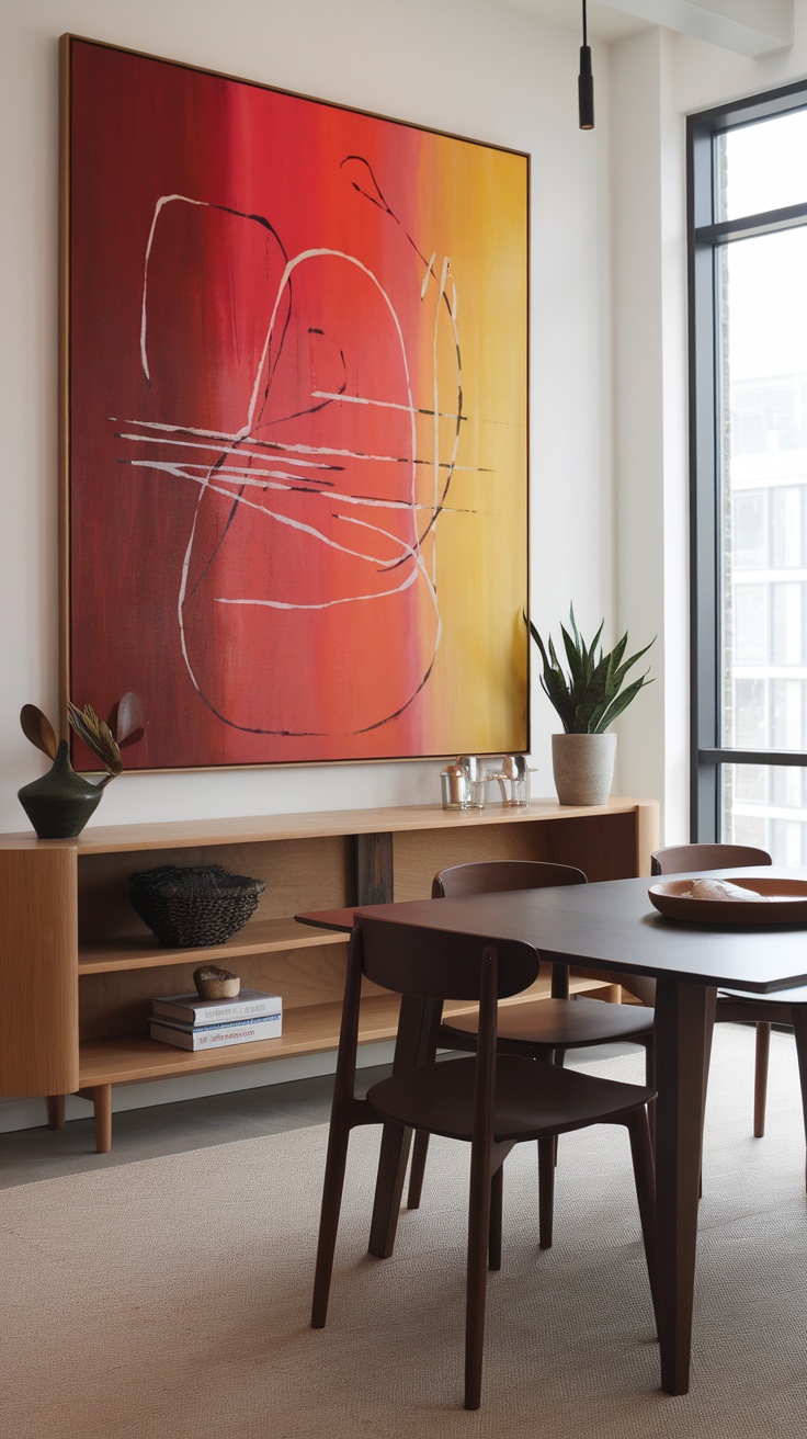 A vibrant oversized abstract painting in red and yellow hanging on a dining room wall.