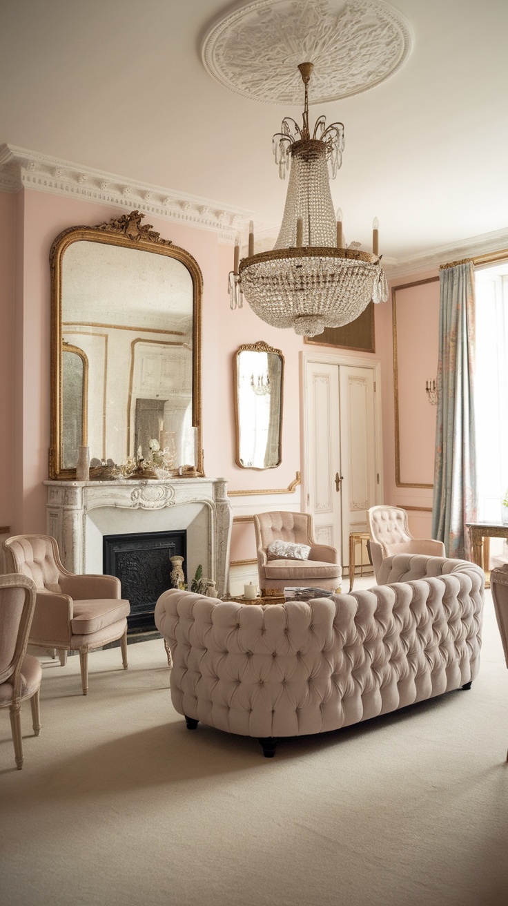 A luxurious living room with a tufted pink sofa, elegant armchairs, a grand chandelier, and ornate mirrors.