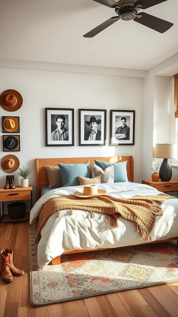 A modern western bedroom featuring a bed with decorative pillows, a cozy throw, and western-themed decor elements.