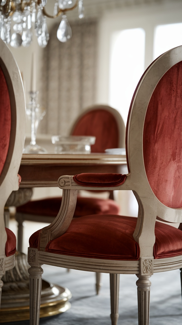 Luxury dining room with rich red upholstered chairs and elegant table decor.