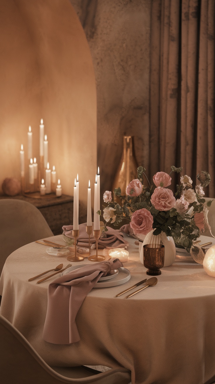 Elegant dining table set with candles and flowers