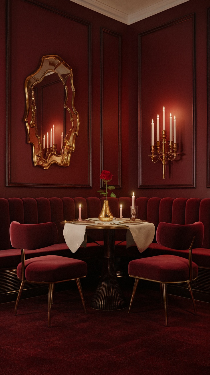 A cozy dark dining room with burgundy walls, plush seating, and romantic candlelight.