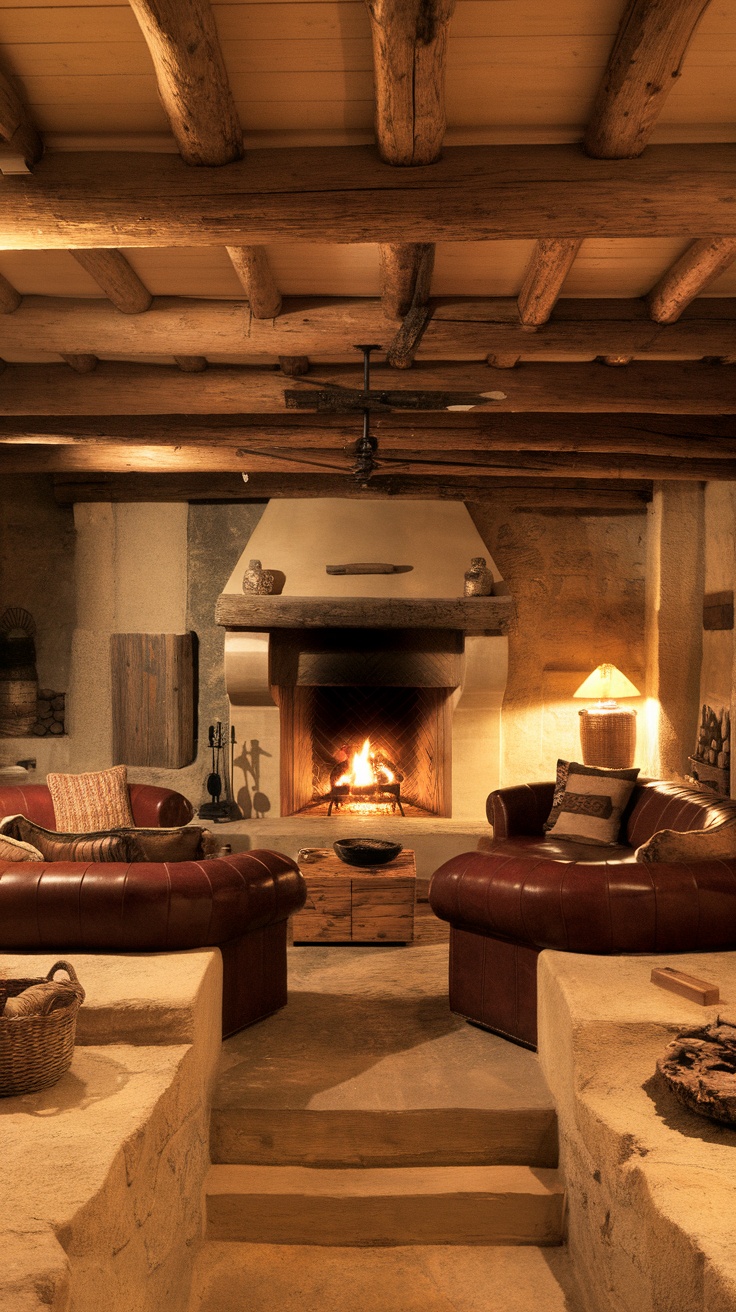 A cozy rustic cabin living room with a sunken area, featuring leather sofas and a fireplace.