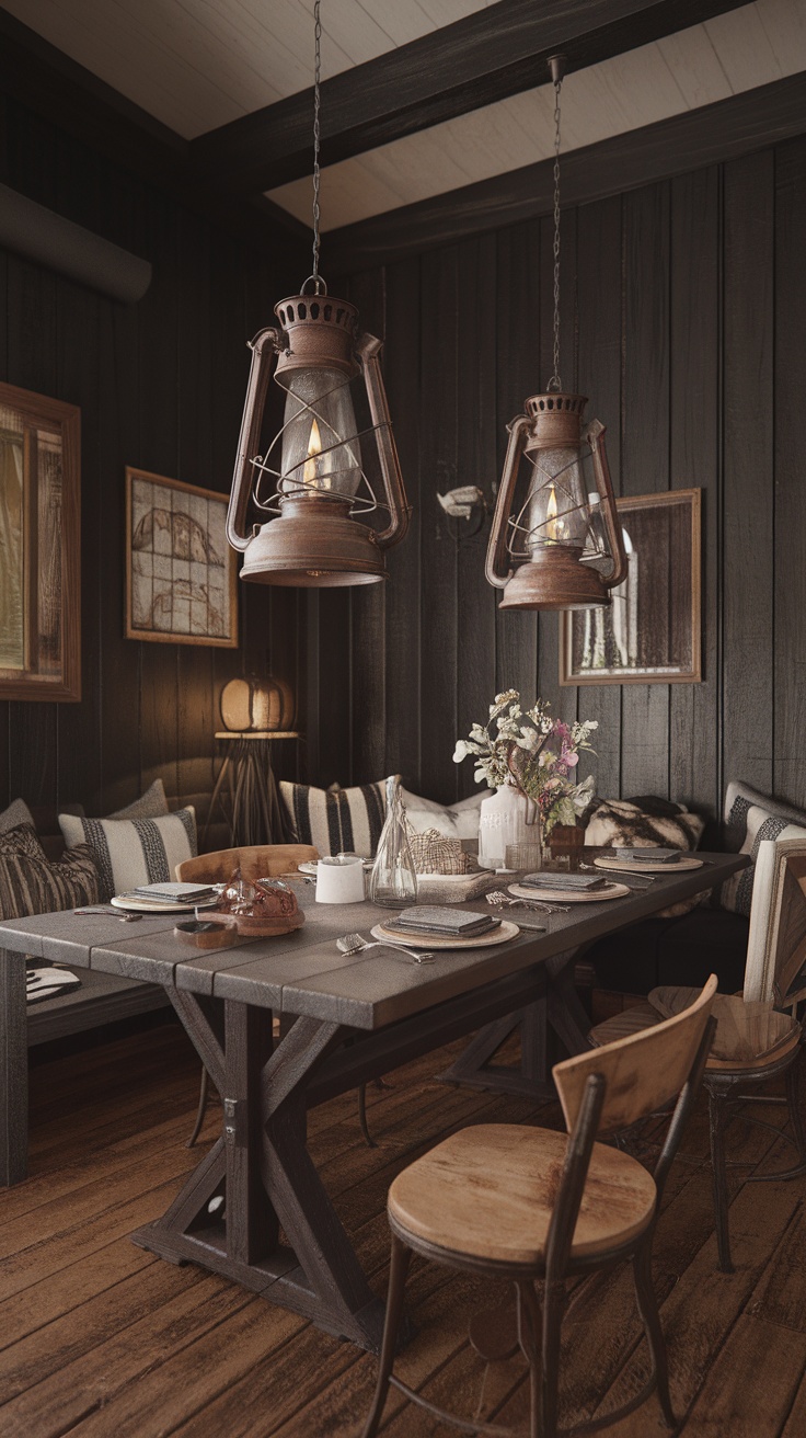 Rustic dark dining room featuring wooden table, lanterns, and cozy seating.