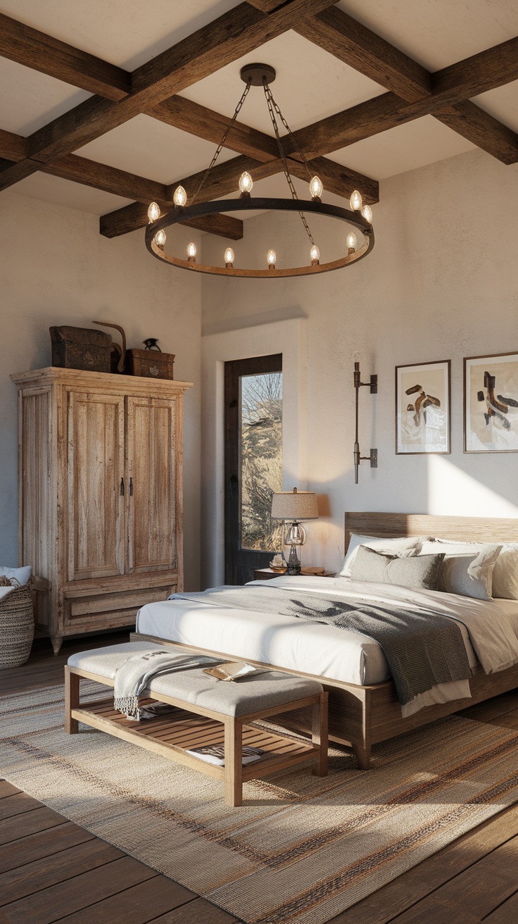 A cozy western bedroom featuring rustic lighting fixtures.