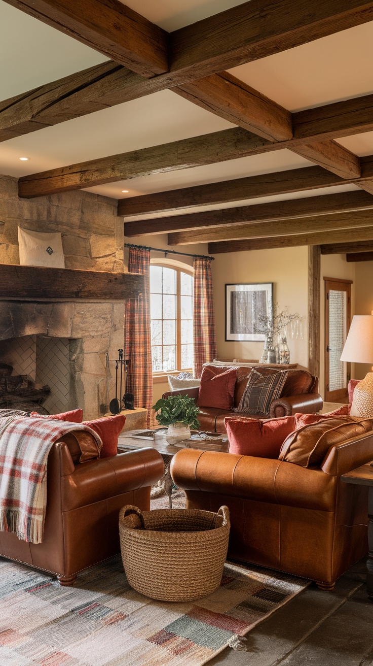 A luxurious rustic living room with leather sofas, wooden beams, and cozy decor.