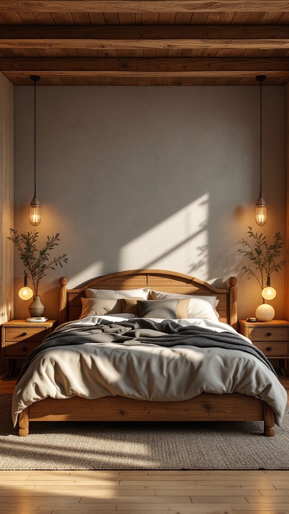 A cozy modern western bedroom with rustic wood accents.