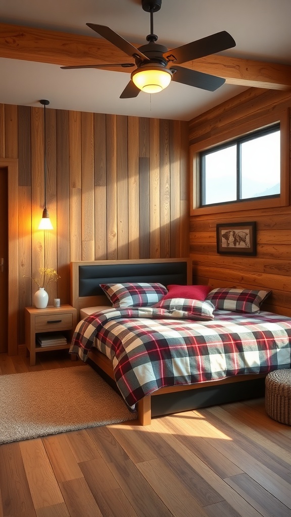 A cozy modern western bedroom featuring rustic wood accents, plaid bedding, and a warm color palette.