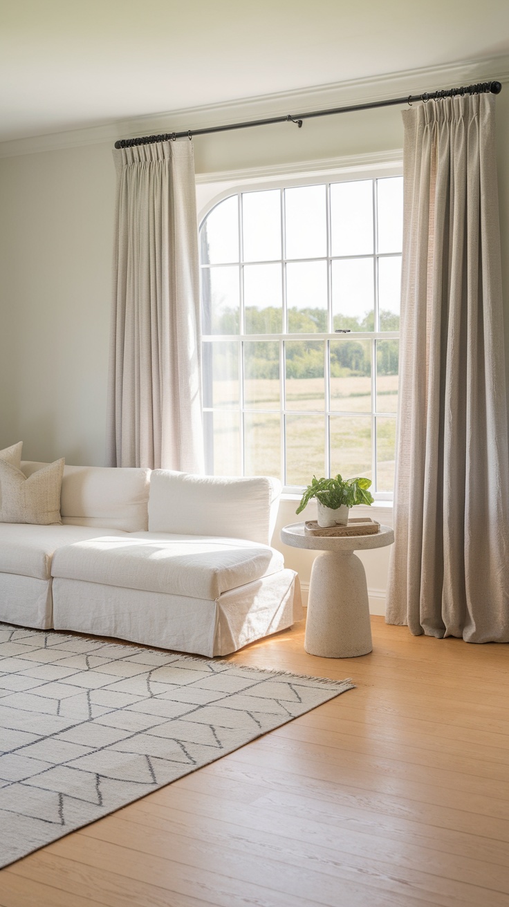 A bright Scandinavian-style living room with a white sofa, light curtains, and a small side table.