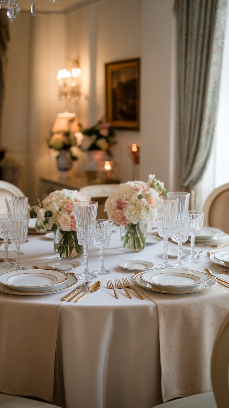 Elegant round dining table setting with flowers and fine china.