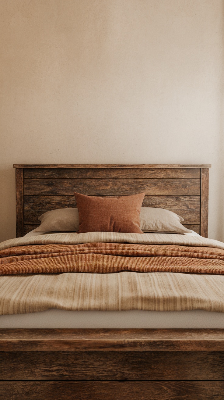 A minimal western bedroom featuring simple bedding with layered blankets and an accent pillow.