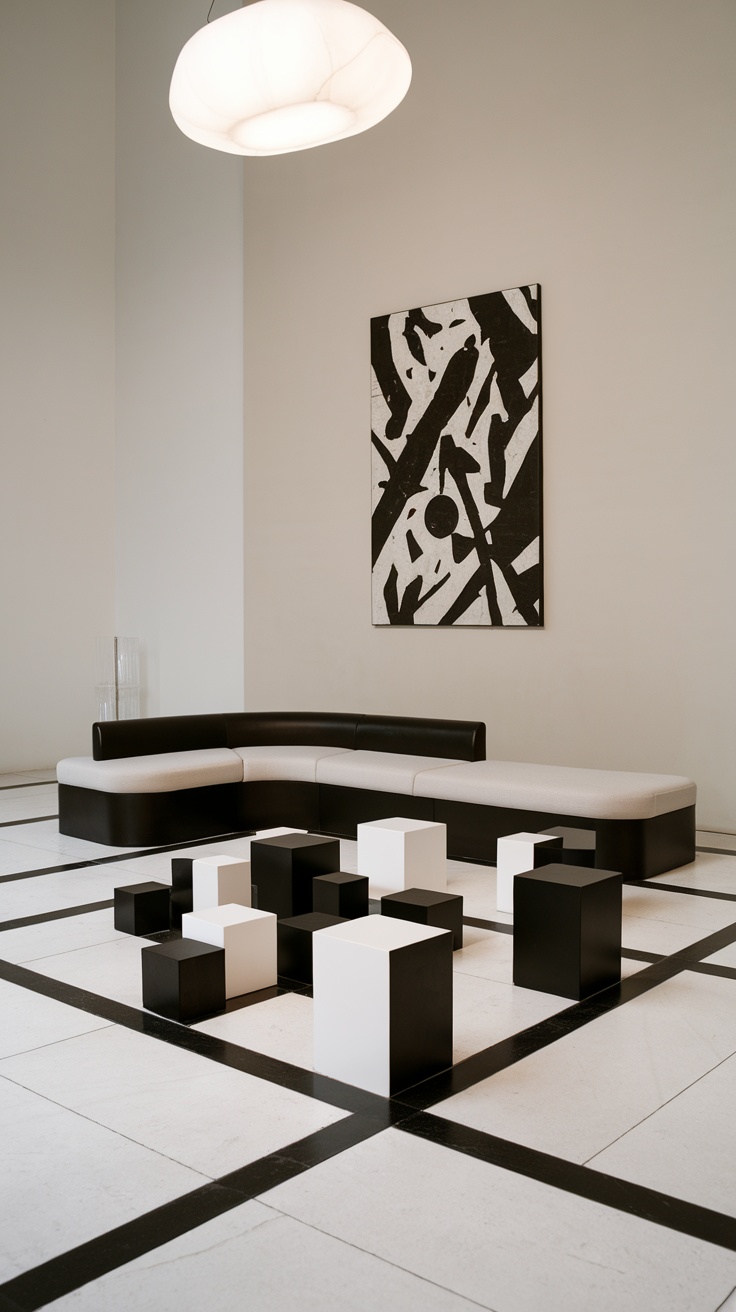 Modern living room featuring monochrome decor with black and white furniture.