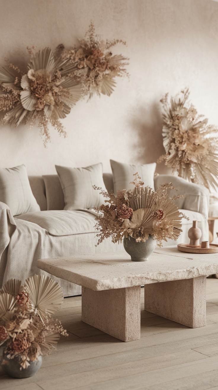 A minimalist living room with neutral colors, soft textiles, and simple floral arrangements.