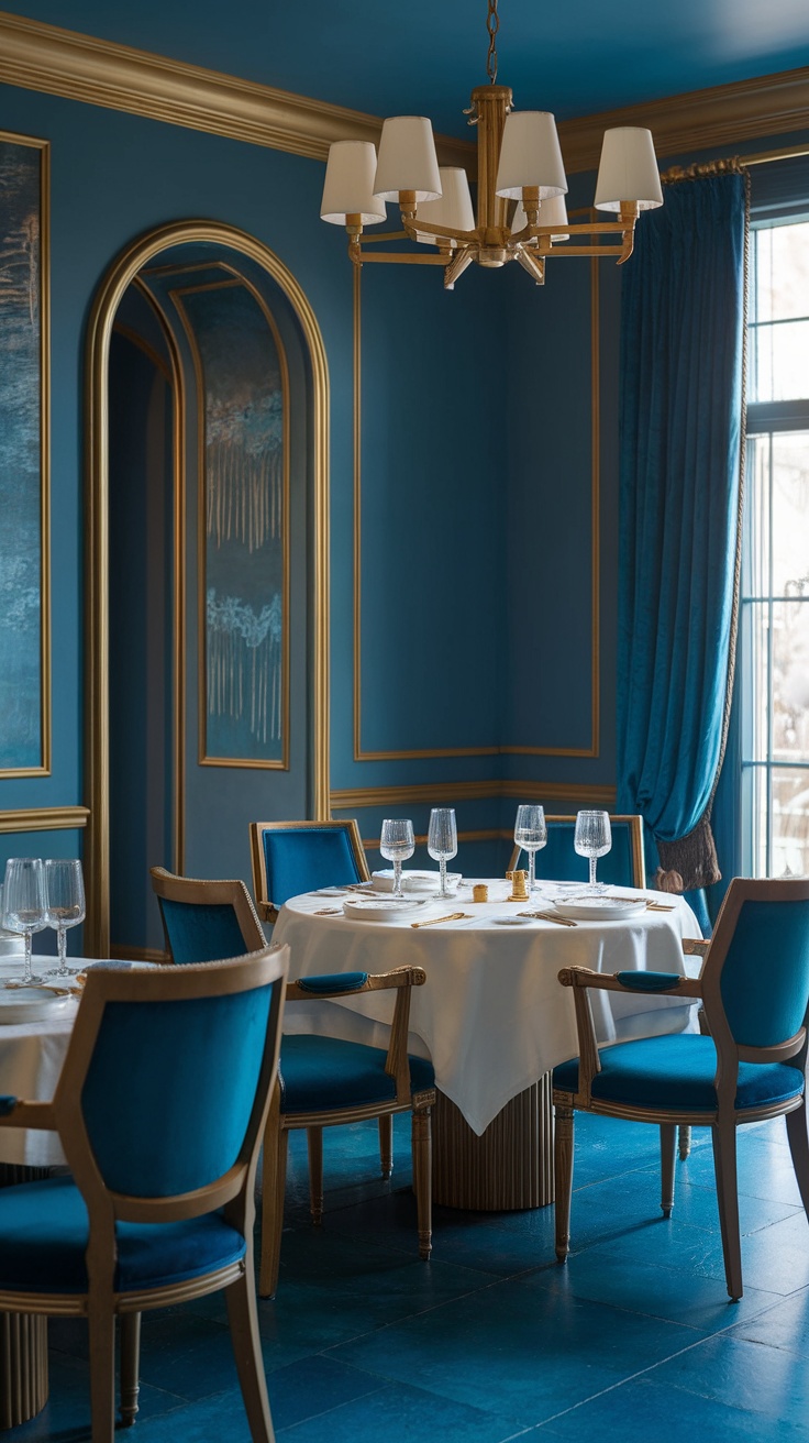 Luxury dining room with deep blue walls and gold accents.