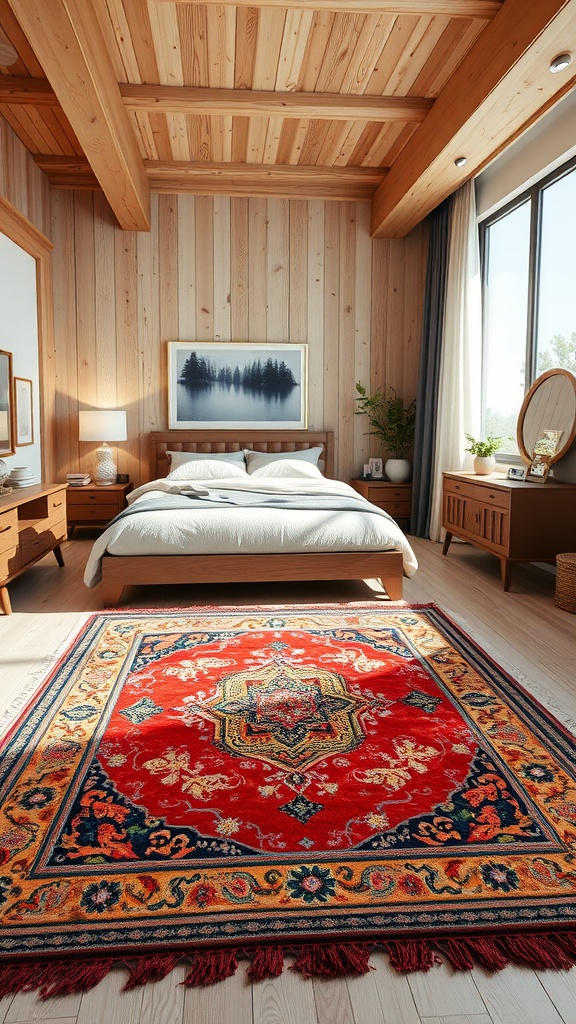 A modern western bedroom featuring a large, colorful statement rug on the floor.