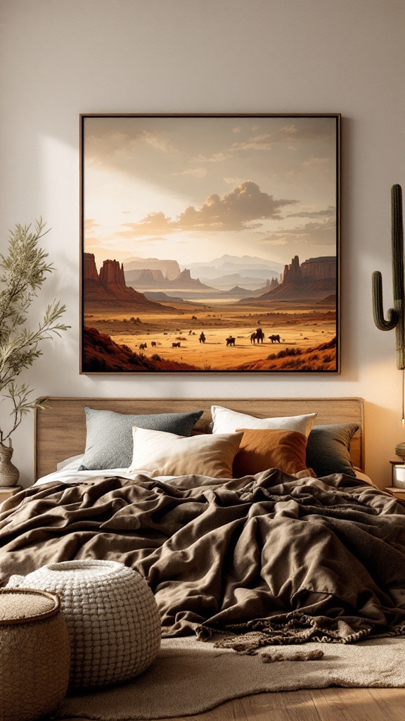 A western-themed artwork depicting a landscape with mountains and horses, enhancing a modern bedroom decor.