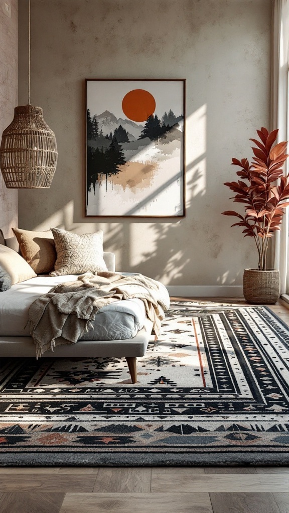 A cozy modern western bedroom featuring a patterned rug, a bed with soft linens, and natural decor elements.