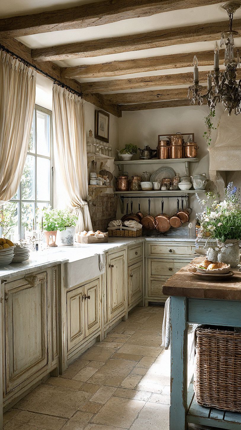 sunlit-french-country-kitchen-with-distressed-cream-cabinets