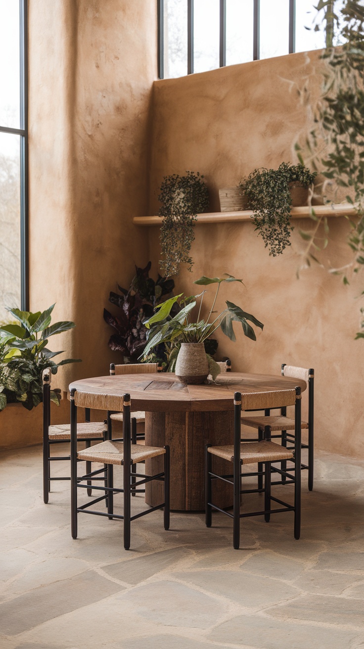 A round dining table made of wood with six chairs in a cozy interior surrounded by plants.