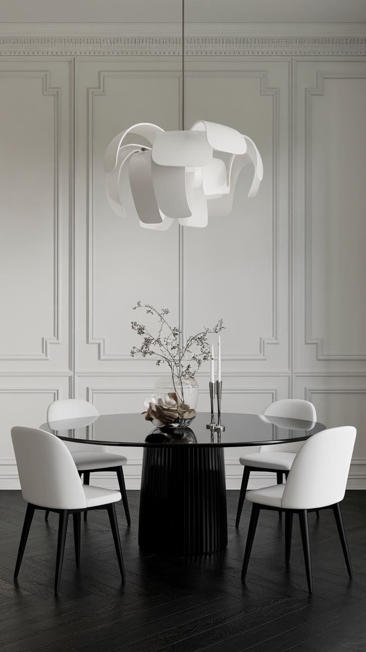 Elegant black and white dining room with modern furniture and stylish decor.