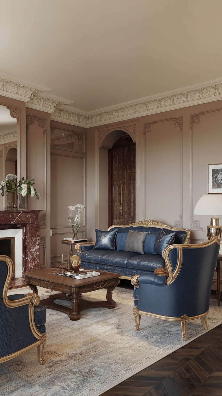 Luxurious living room featuring a blue sofa and ornate decor.