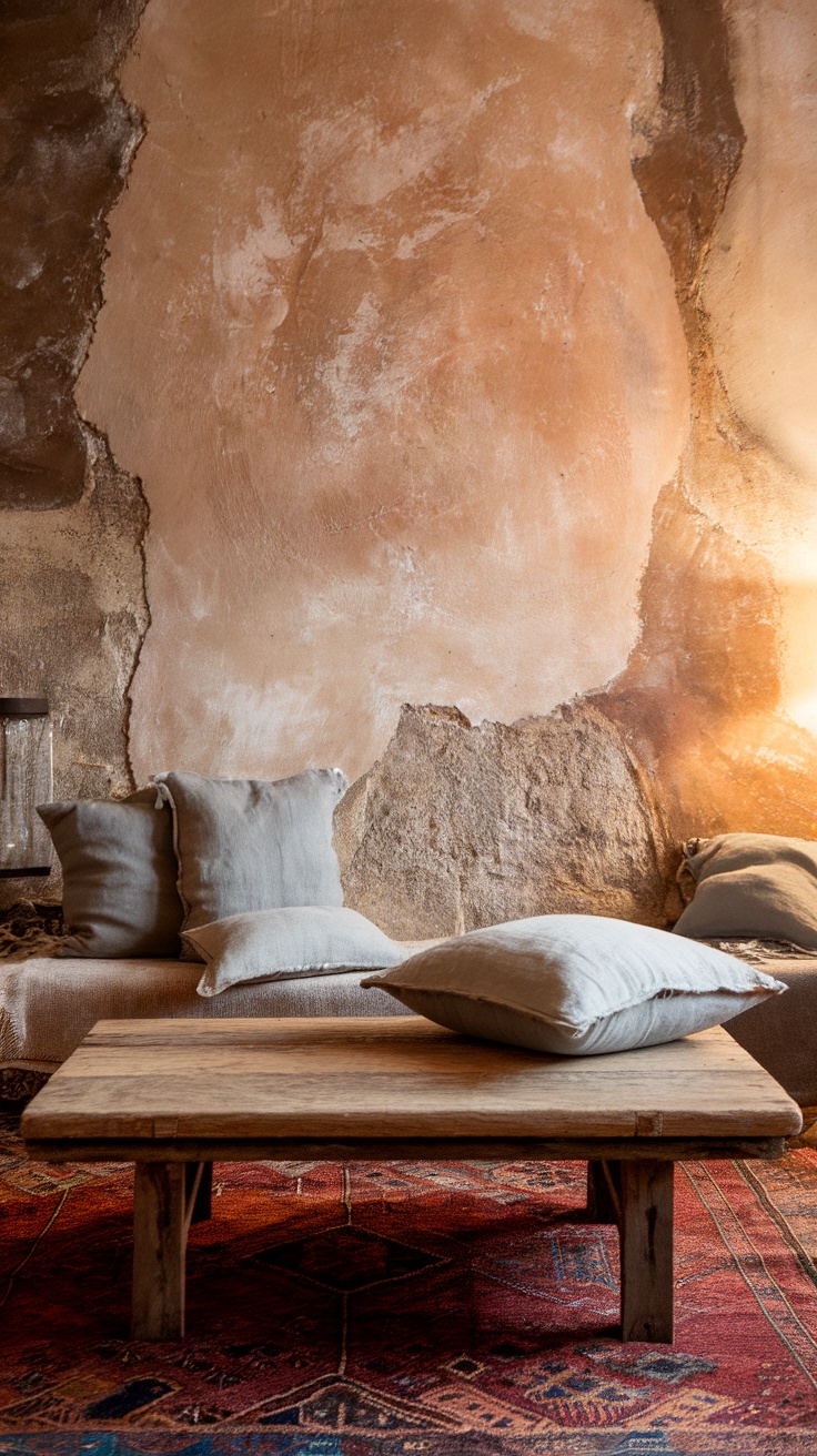 A cozy living room featuring textured walls, rustic wooden table, and soft cushions.