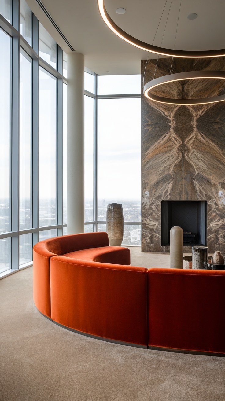 A modern living room featuring a curved orange sofa, large windows, and a stylish design.