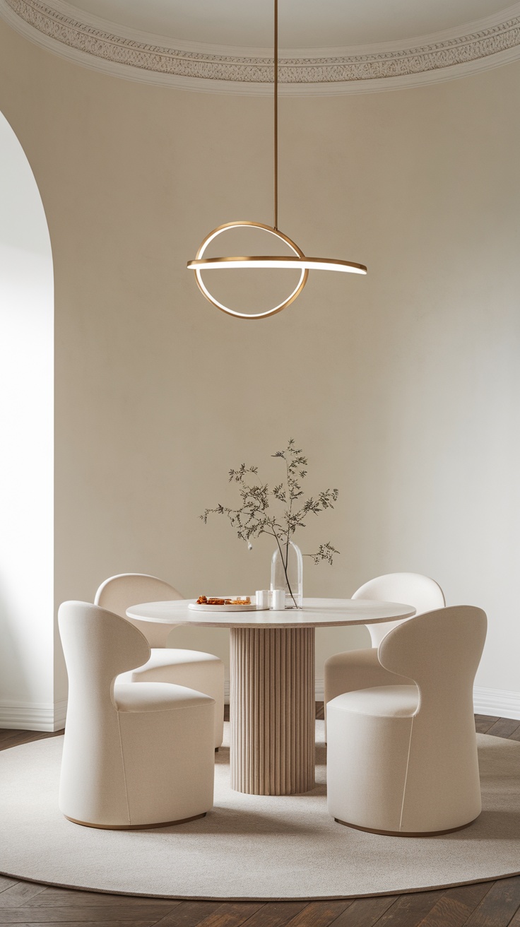 Elegant dining room with minimalist decor and soft colors.