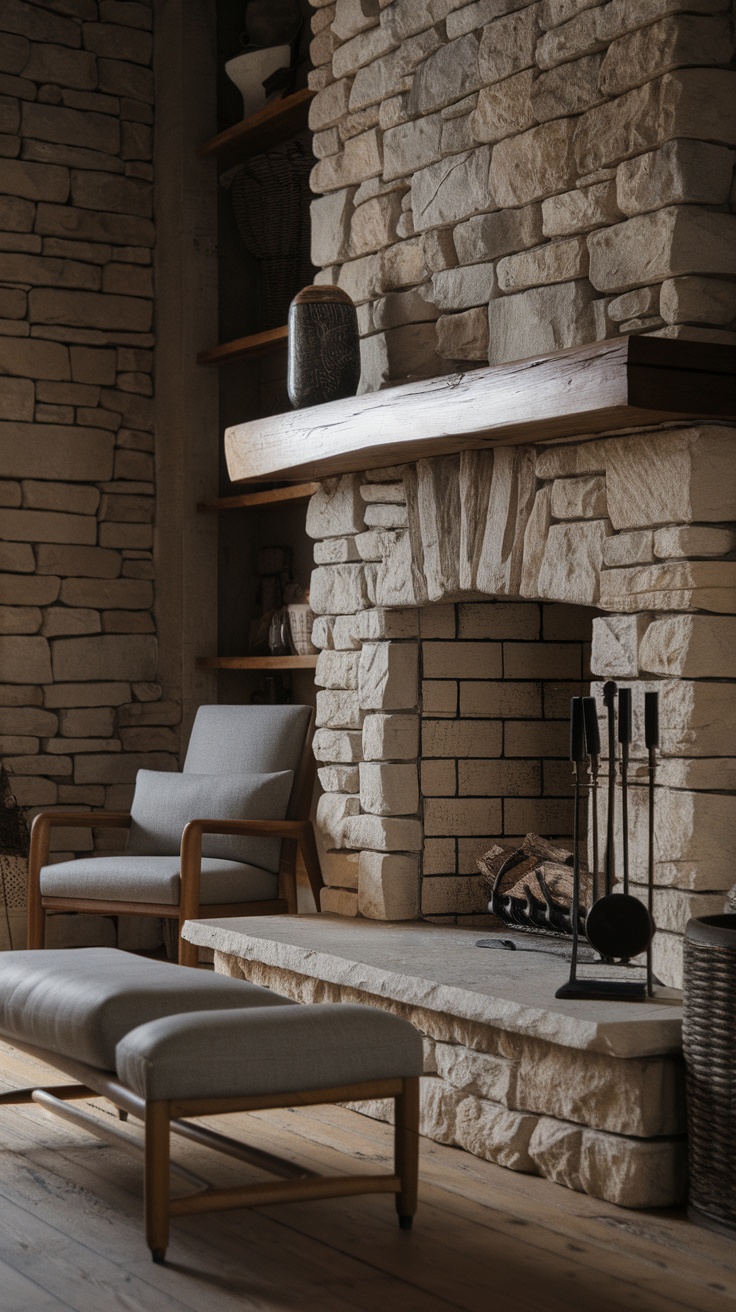 A cozy living room featuring a stone fireplace, natural wood elements, and comfortable seating.